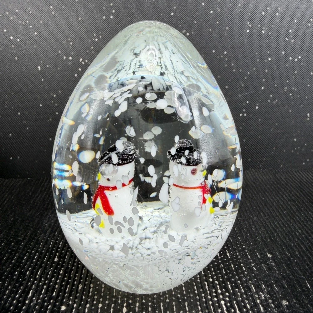 Heavy Glass Snowman Egg Paperweight Winter Snow Scene 4 inch Holiday Decor
